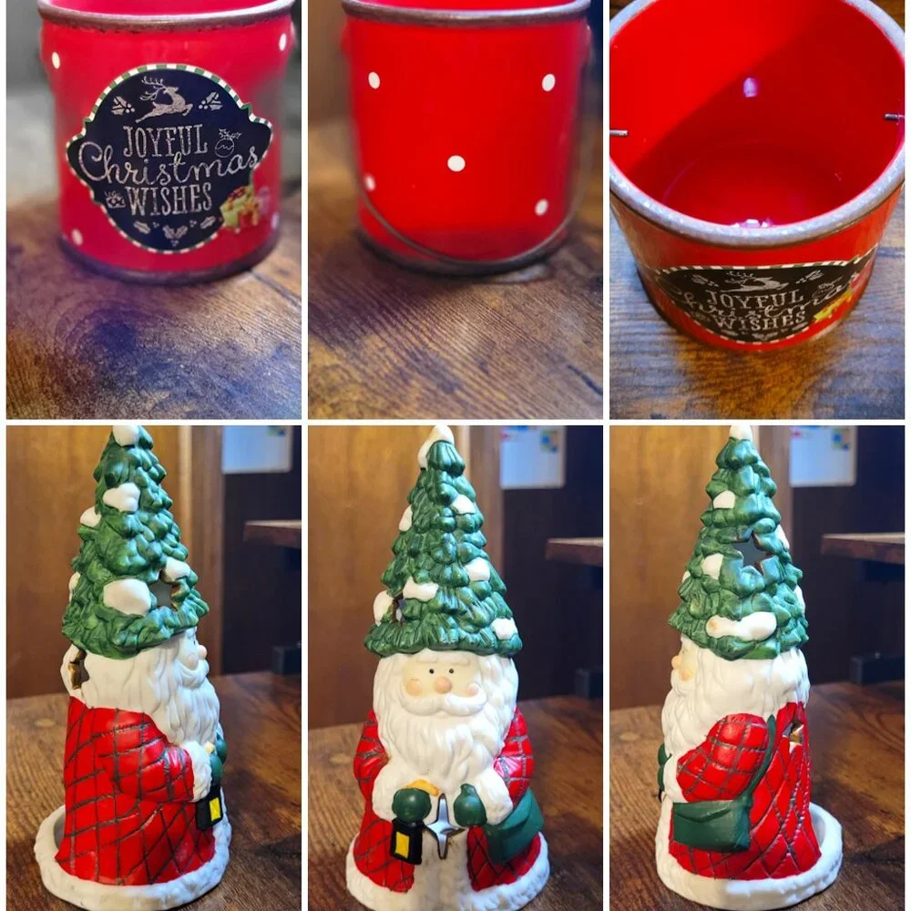 Joyful Christmas Wishes Red Glass & Santa Claus Tree Porcelain Candle Holder